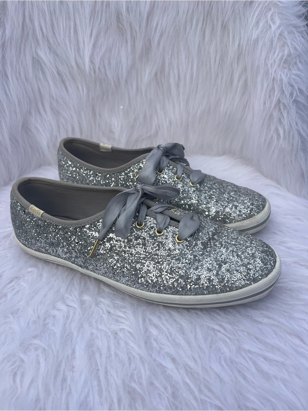 Keds X Kate Spade Silver Glitter Sneakers with Satin Ribbon Laces Wedding 7.5